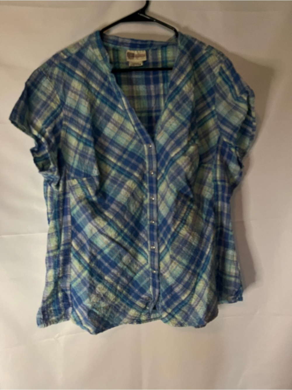 Faded Glory Blue Aqua Plaid Snap-Front Shirt